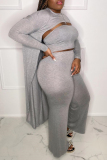 Grey Sexy Casual Solid Hollowed Out O Neck Long Sleeve Two Pieces