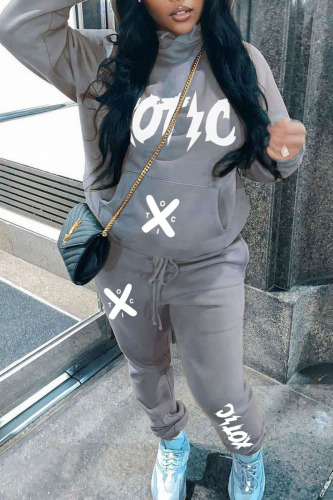 Grey Casual Print Patchwork Hooded Collar Long Sleeve Two Pieces