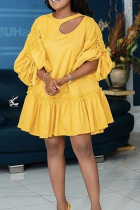 Yellow Casual Solid Bandage Hollowed Out O Neck Ball Gown Dresses