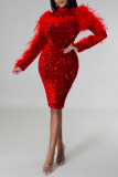 Red Sexy Solid Sequins Patchwork Feathers Backless Half A Turtleneck One Step Skirt Dresses