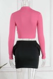 Rose Red Street Solid Bandage Crystal Mandarin Collar Long Sleeve Two Pieces