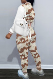 Khaki Casual Print Patchwork Buckle Long Sleeve Two Pieces