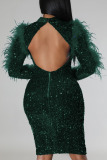 Green Sexy Solid Sequins Patchwork Feathers Backless Half A Turtleneck One Step Skirt Dresses