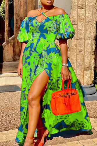 Green Casual Print Patchwork Halter Cake Skirt Dresses(There will be color difference, mind carefully ordering)