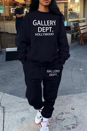Black Casual Street Print Patchwork O Neck Long Sleeve Two Pieces