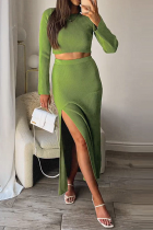 Green Sexy Solid High Opening O Neck Long Sleeve Two Pieces