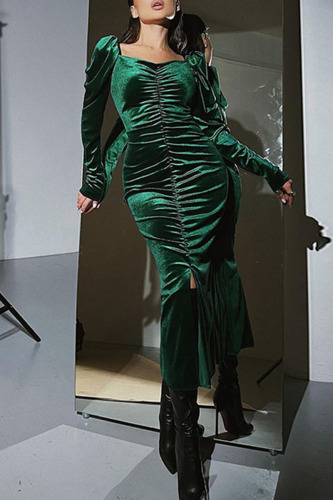 Green Black Fold Square Collar Long Sleeve Front Slit One Step Skirt Formal Evening Party Bodycon Velvet Maxi Dresses