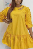 Yellow Casual Solid Bandage Hollowed Out O Neck Ball Gown Dresses
