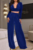 Blue Sexy Solid Patchwork U Neck Long Sleeve Two Pieces