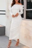 White Casual Solid Patchwork Beading Off the Shoulder Long Sleeve Dresses