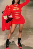 Red Sexy Casual Solid Ripped O Neck Long Sleeve Dresses