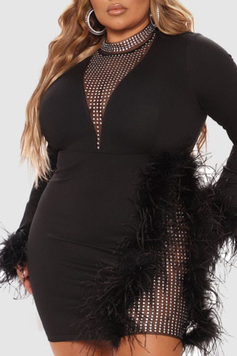 Black Sexy Solid Patchwork Feathers Hot Drill O Neck Pencil Skirt Plus Size Dresses