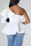 White Sexy Solid Patchwork Flounce Oblique Collar High Waist Tops
