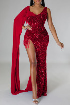 Red Sexy Solid Tassel Sequins Patchwork Slit V Neck Evening Dress Dresses