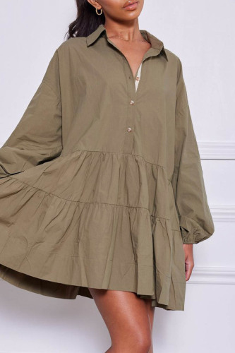 Green Casual Solid Patchwork Turndown Collar Shirt Dress Dresses