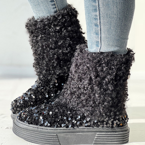 Black Casual Sequins Patchwork Round Keep Warm Comfortable Shoes