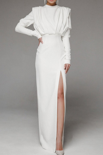 White Elegant Solid Patchwork Backless Slit Fold O Neck Straight Dresses