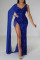 Blue Sexy Solid Tassel Sequins Patchwork Slit V Neck Evening Dress Dresses