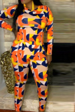 Orange Sexy Casual Print Slit O Neck Long Sleeve Two Pieces