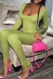 Green Sexy Casual Solid Square Collar Skinny Jumpsuits