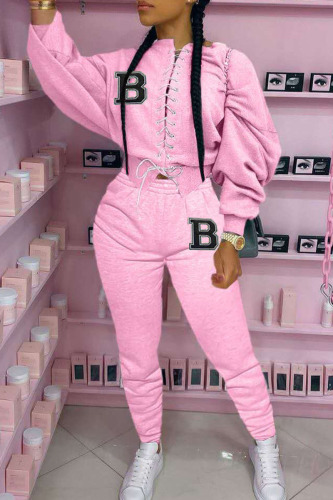 Pink Casual Street Print Bandage Patchwork O Neck Long Sleeve Two Pieces