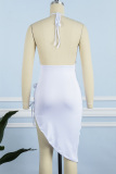White Sexy Patchwork Hollowed Out Sequins Frenulum Backless Halter Irregular Dress Dresses