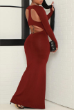 Burgundy Sexy Solid Hollowed Out Backless O Neck Sheath Dresses