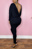 Black Solid Backless Pearl Off the Shoulder Long Sleeve Two Pieces
