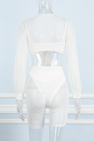 White Sexy Solid See-through V Neck Long Sleeve Four Piece Set