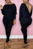 Black Solid Backless Pearl Off the Shoulder Long Sleeve Two Pieces