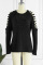 Black Casual Solid Ripped Patchwork Hot Drill O Neck Tops