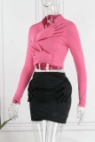 Rose Red Street Solid Bandage Crystal Mandarin Collar Long Sleeve Two Pieces