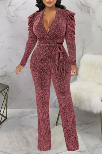 Pink Sexy Solid Bandage Patchwork V Neck Straight Jumpsuits