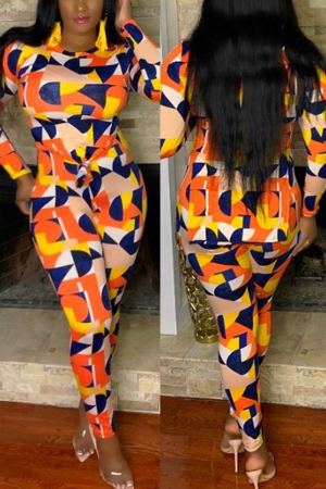 Orange Sexy Casual Print Slit O Neck Long Sleeve Two Pieces