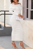 White Casual Solid Patchwork Beading Off the Shoulder Long Sleeve Dresses