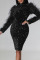 Black Sexy Solid Sequins Patchwork Feathers Backless Half A Turtleneck One Step Skirt Dresses