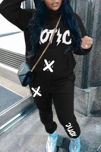 Black Casual Print Patchwork Hooded Collar Long Sleeve Two Pieces