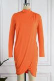 Orange Sexy Solid Patchwork Asymmetrical Turtleneck Long Sleeve Dresses