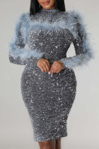 Grey Sexy Solid Sequins Patchwork Feathers Backless Half A Turtleneck One Step Skirt Dresses