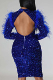 Blue Sexy Solid Sequins Patchwork Feathers Backless Half A Turtleneck One Step Skirt Dresses