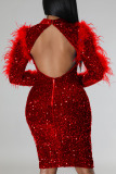 Red Sexy Solid Sequins Patchwork Feathers Backless Half A Turtleneck One Step Skirt Dresses