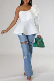 White Sexy Solid Patchwork Flounce Oblique Collar High Waist Tops