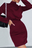 Burgundy Sexy Solid Patchwork Backless With Bow Half A Turtleneck One Step Skirt Dresses