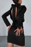 Black Sexy Solid Patchwork Backless With Bow Half A Turtleneck One Step Skirt Dresses