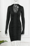 Black Sexy Solid Fold Turndown Collar Pencil Skirt Dresses