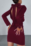 Burgundy Sexy Solid Patchwork Backless With Bow Half A Turtleneck One Step Skirt Dresses