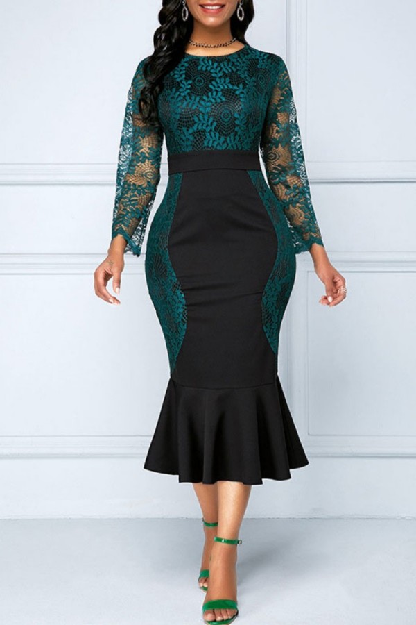 Green Casual Patchwork Lace O Neck Long Sleeve Dresses