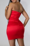 Red Sexy Formal Solid Patchwork Backless With Bow Strapless Evening Dress Dresses
