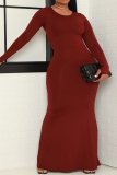 Burgundy Sexy Solid Hollowed Out Backless O Neck Sheath Dresses