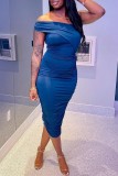Blue Sexy Solid Patchwork Backless Fold Oblique Collar Sleeveless Dress Dresses
